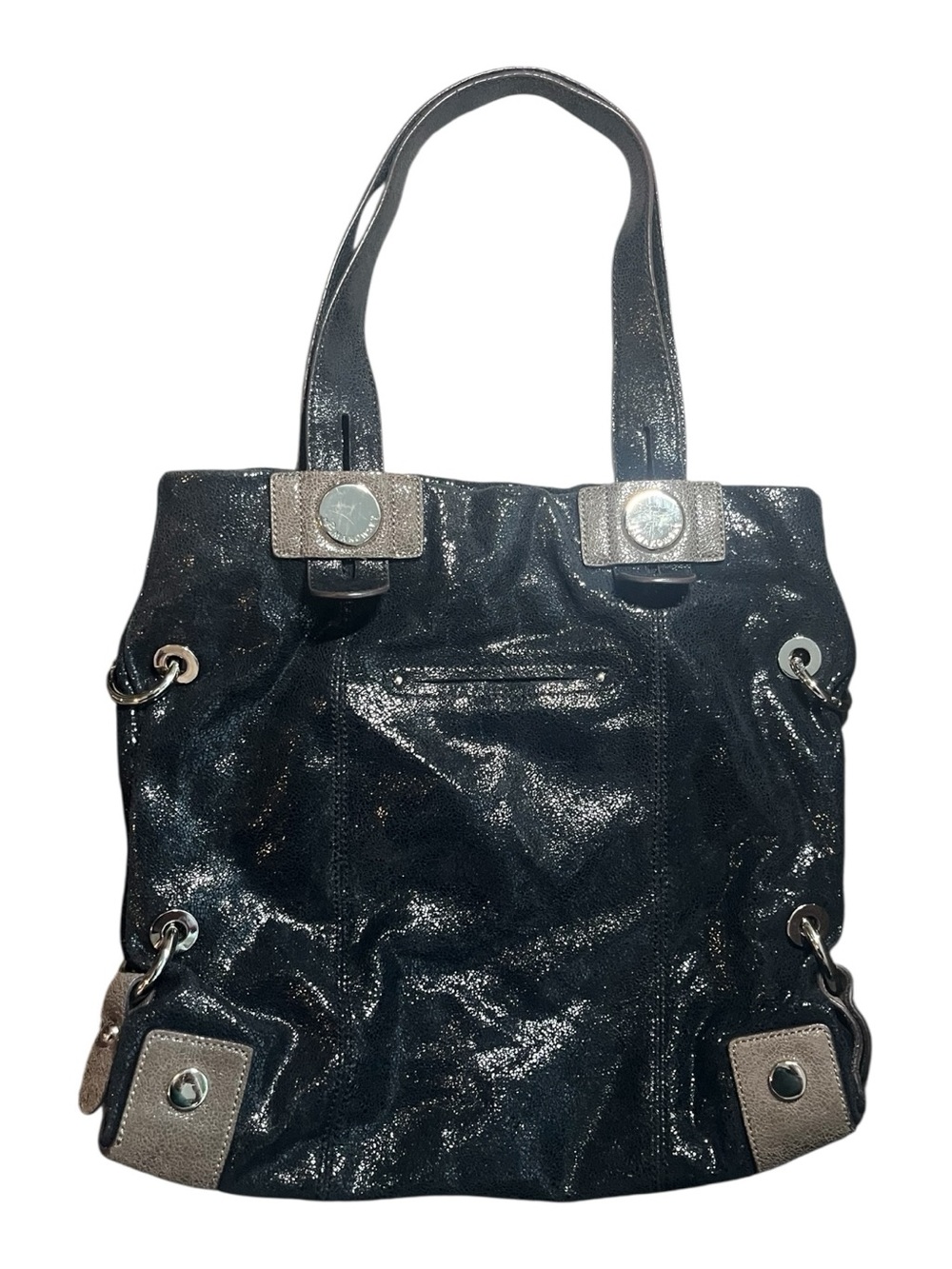 B. Makowsky Black Crackle Shimmer Genuine Leather Hobo Shoulder Bag | Y2K - Picture 4 of 8
